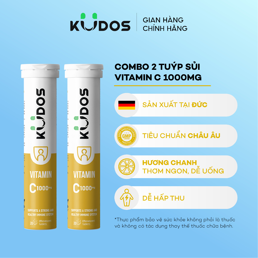 Combo 2 Tuýp TPBVSK Viên sủi KUDOS VITAMIN C hương chanh, bổ sung 1000MG vitamin C cho cơ thể (20 vi