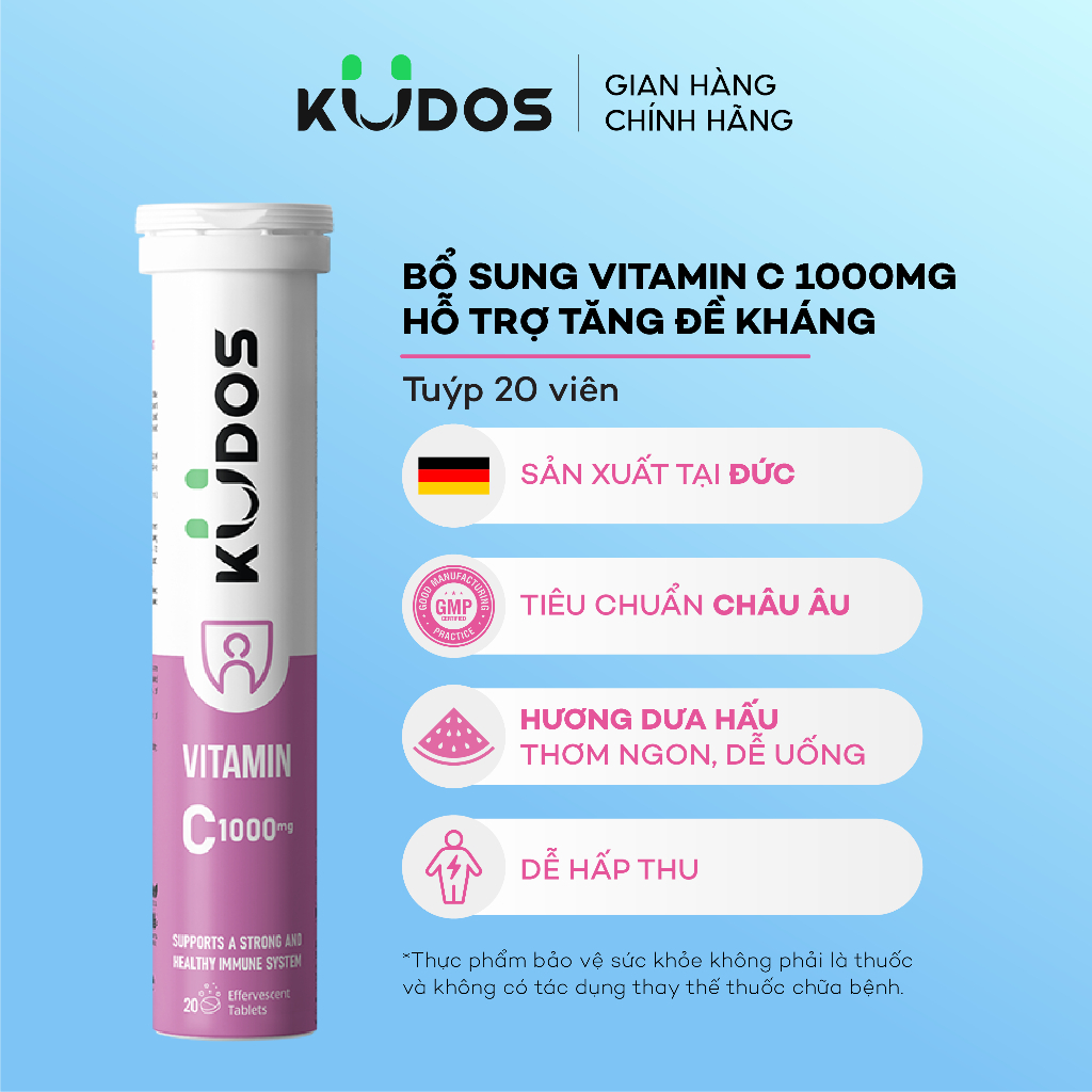 TPBVSK Viên sủi KUDOS VITAMIN C hương dưa hấu, bổ sung 1000MG vitamin C cho cơ thể (20 viên/tuýp)