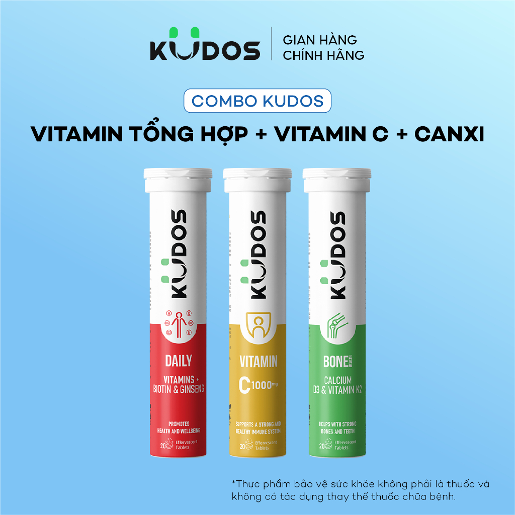 Combo 3 TPBVSK Viên sủi KUDOS VITAMIN C 1000MG + Viên Sủi KUDOS BONE + Viên Sủi KUDOS DAILY (20 viên