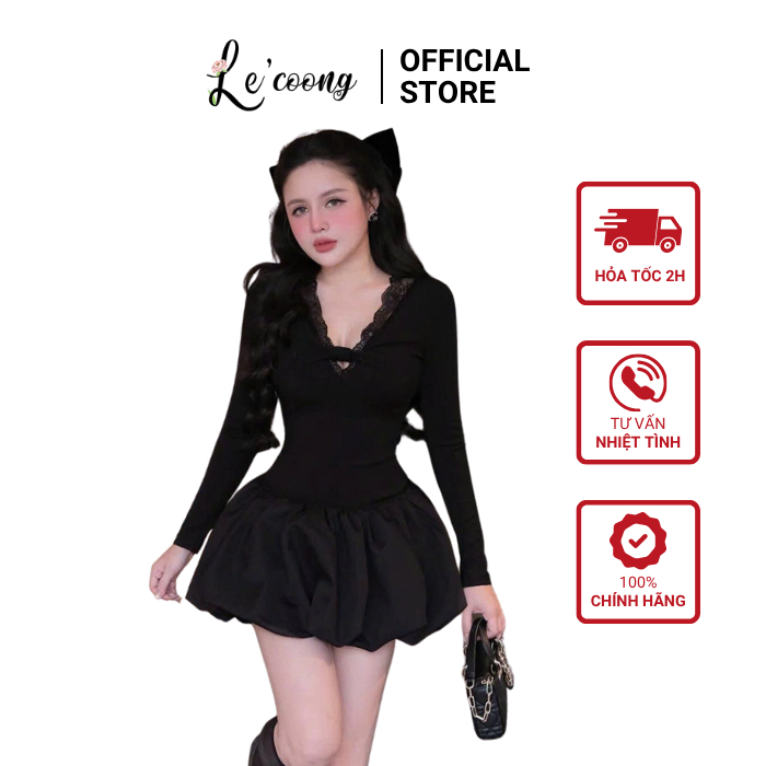 Váy Dáng Bí Cổ V Phối Viền Ren LECOONG V901 Váy Đẹp Dài Tay Màu Đen Sang Chảnh