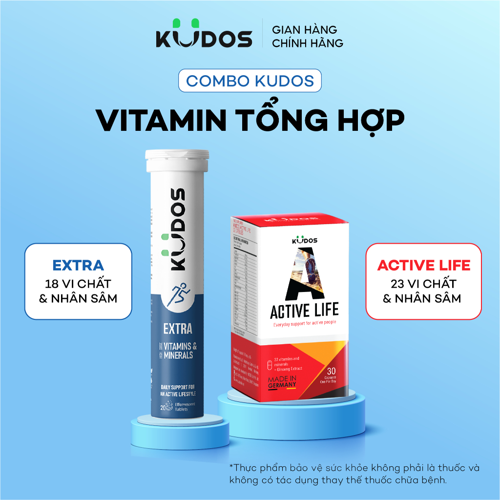 Combo TPBVSK Viên uống KUDOS ACTIVE LIFE 30v + Viên sủi KUDOS EXTRA 20v, bổ sung vitamin tổng hợp và