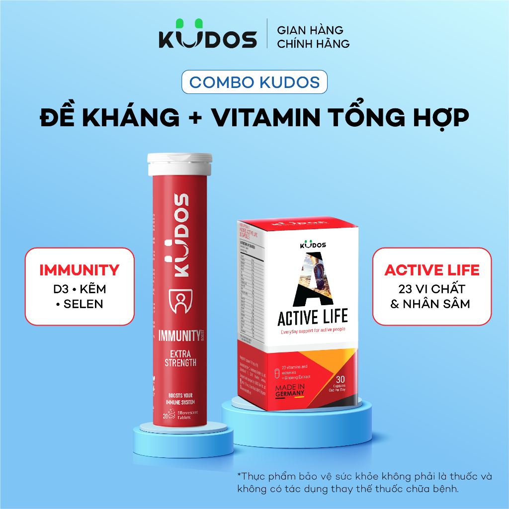 Combo TPBVSK Viên uống KUDOS ACTIVE LIFE 30v + Viên sủi KUDOS IMMUNITY 20v, bổ sung vitamin tổng hợp