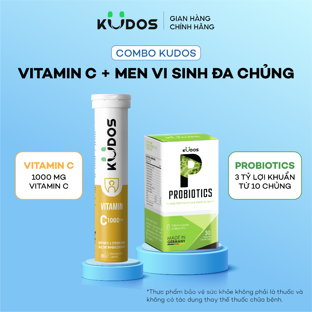 Combo TPBVSK Viên uống men vi sinh KUDOS PROBIOTICS bổ sung lợi khuẩn đường ruột 30v + Viên sủi KUDO