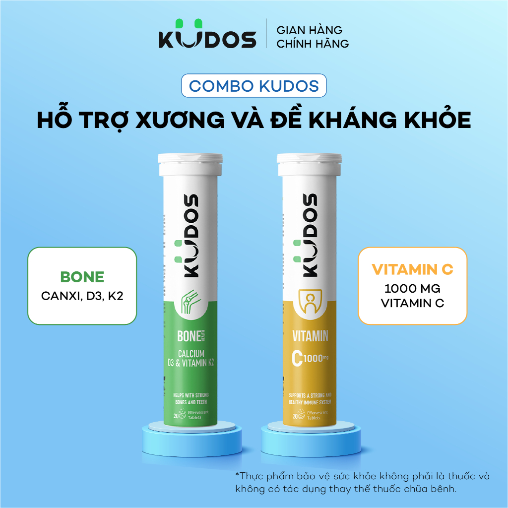 Combo 2 TPBVSK Viên sủi KUDOS BONE bổ sung canxi, D3 và K2 + Viên sủi KUDOS VITAMIN C 1000MG (20 viê