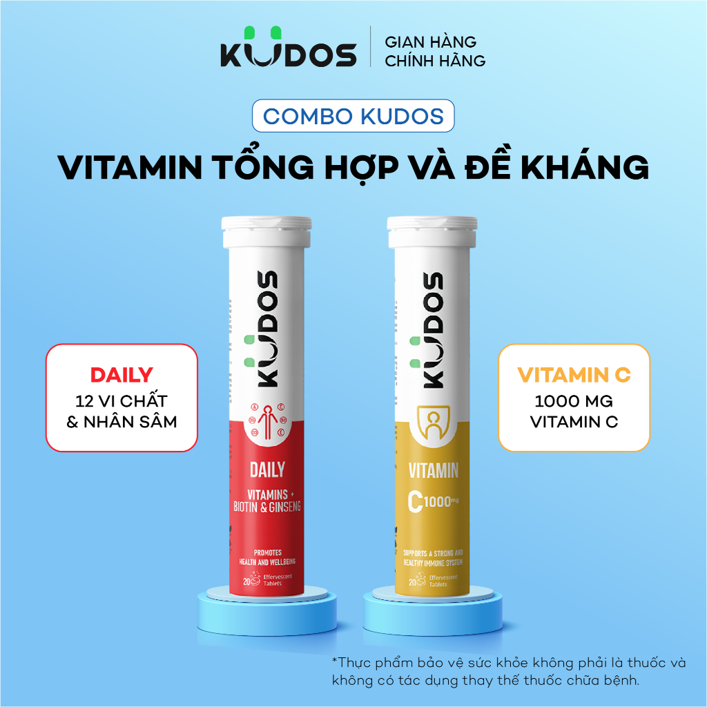 Combo 2 TPBVSK Viên sủi KUDOS DAILY bổ sung vitamin tổng hợp & nhân sâm + Viên sủi KUDOS VITAMIN C 1