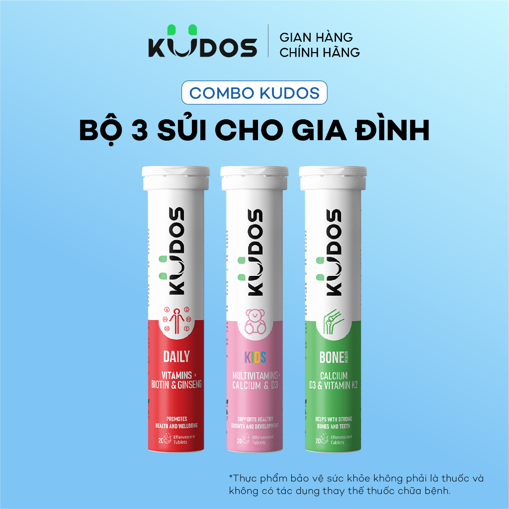 Combo 3 TPBVSK Viên sủi KUDOS KIDS + Viên Sủi KUDOS BONE + Viên Sủi KUDOS DAILY (20 viên/tuýp)