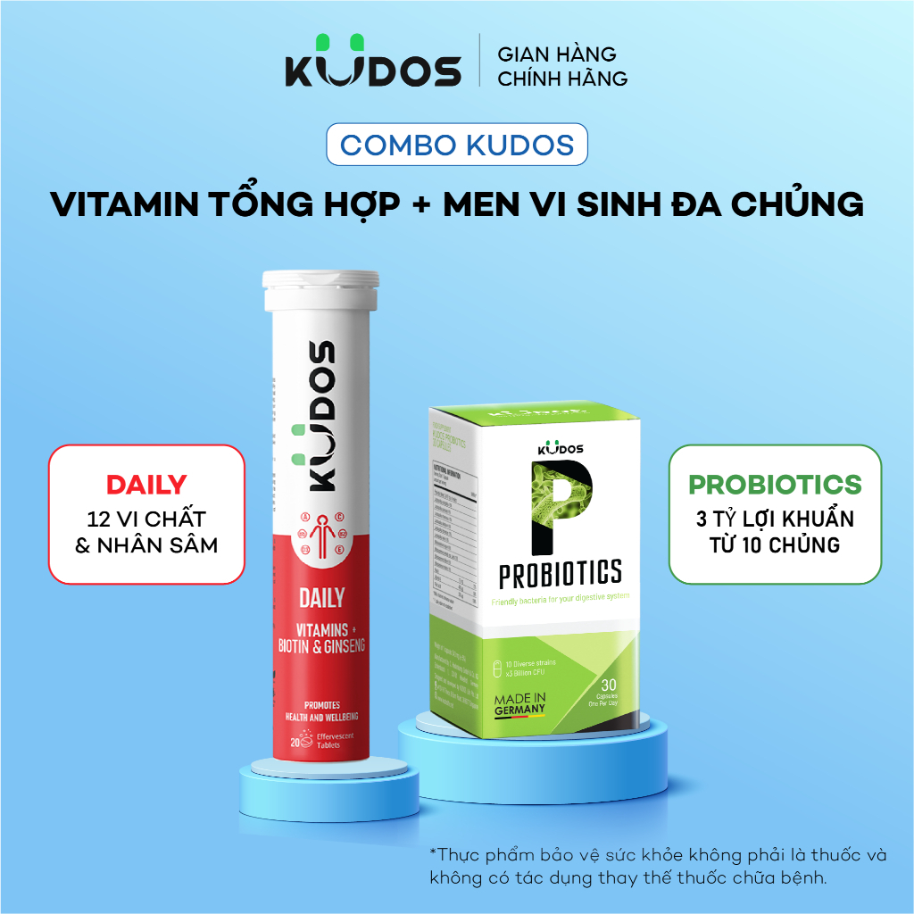 Combo TPBVSK Viên uống men vi sinh KUDOS PROBIOTICS bổ sung lợi khuẩn đường ruột + Viên sủi KUDOS DA