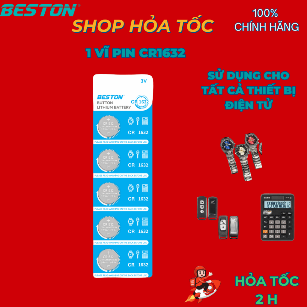 Vỉ 5  pin CR2032, CR1632 Beston Pin cúc áo 3V dùng cho điều khiển xe máy , quạt, cân điện tử