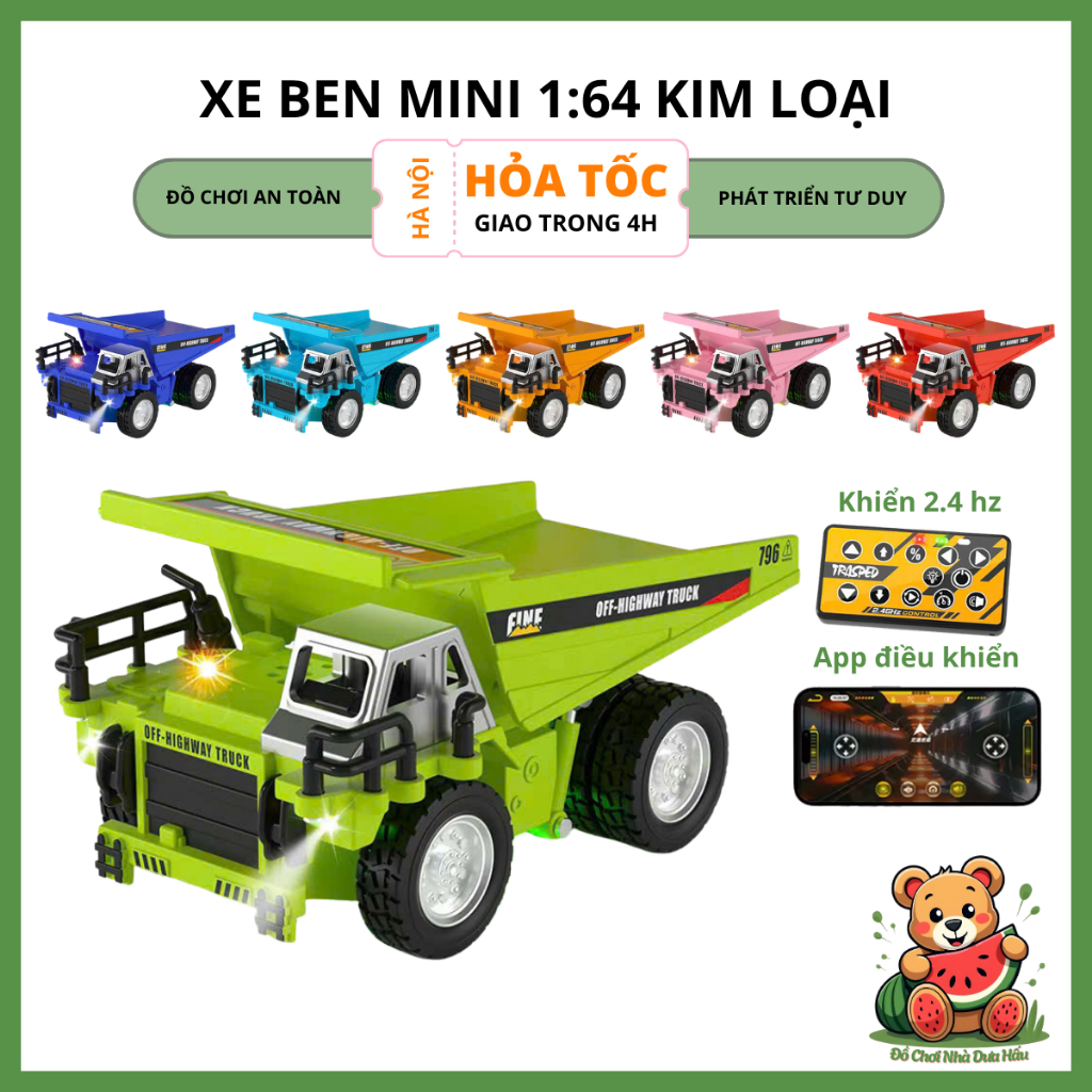 Xe Ben Mini RC 1:64 Hợp Kim Ô Tô, Xe Ben Mỏ Điều Khiển Từ Xa Kim Loại Có Điều Khiển App Điện Thoại