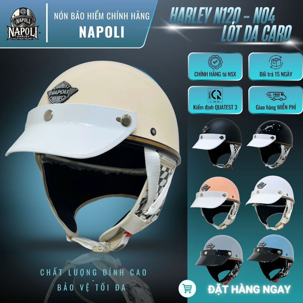 Mũ Bảo Hiểm 1/2 Napoli Harley Lót Caro CHÍNH HÃNG- Nón Bảo Hiểm Nửa Đầu Napoli Harley N120 - N04
