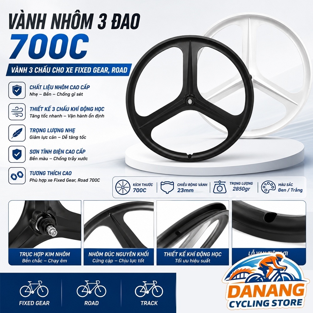 Vành Nhôm 3 Đao Xe Đạp 700C – Vành 3 Chấu Cho Xe Fixed Gear, Road