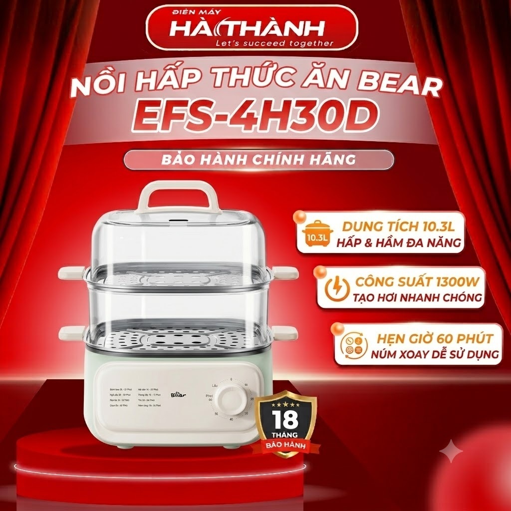 Nồi Hấp Bear EFS-4H30D 10.3L 1300W – 3 Tầng Inox, Hấp & Hầm Đa Năng, Hẹn Giờ 60 Phút, Bảo Hành 18 Th