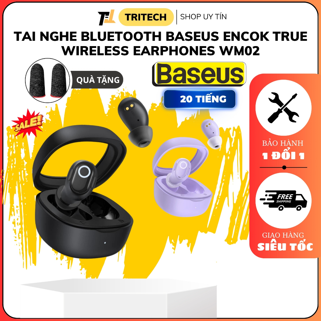 Tai nghe Bluetooth Baseus Encok True Wireless Earphones WM02 (TWS, Stereo Earbuds, Touch Control, No