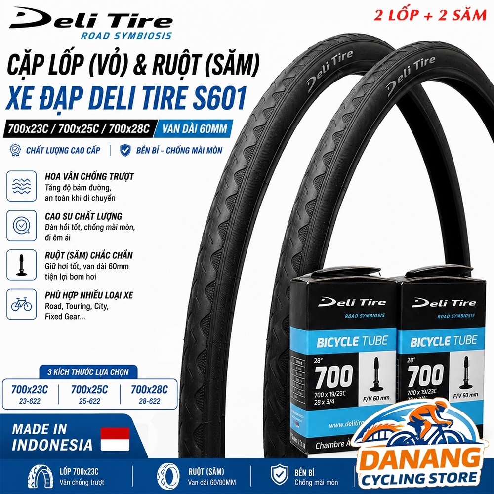Cặp Lốp (vỏ) và Ruột (săm) xe đạp Deli Tire S601 700x23C / 700x25C / 700x28C - Van dài 60mm