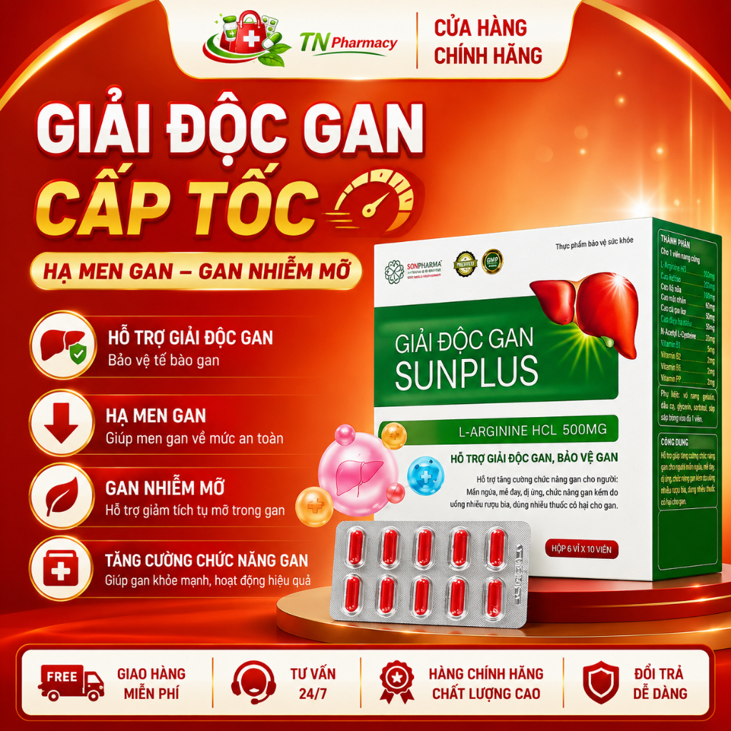 Giải Độc Gan Sun Plus L-Arginine HCl 500mg Hỗ Trợ Bảo Vệ Gan, Giảm Mẩn Ngứa, Mệt Mỏi, 60 Viên