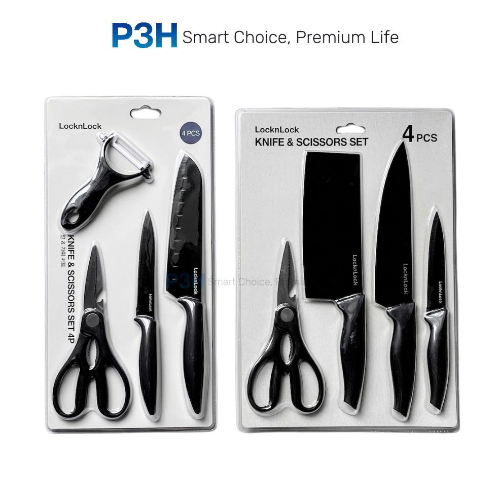 Bộ dao nhà bếp LocknLock lưỡi dao thép không gỉ chống dính CKK106S4 CKK306S4 màu đen P3H Store