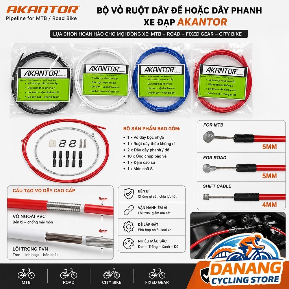 Bộ Vỏ Ruột Dây Đề Hoặc Dây Phanh Xe Đạp AKANTOR– Cáp Thay Thế Cho Xe Road/MTB