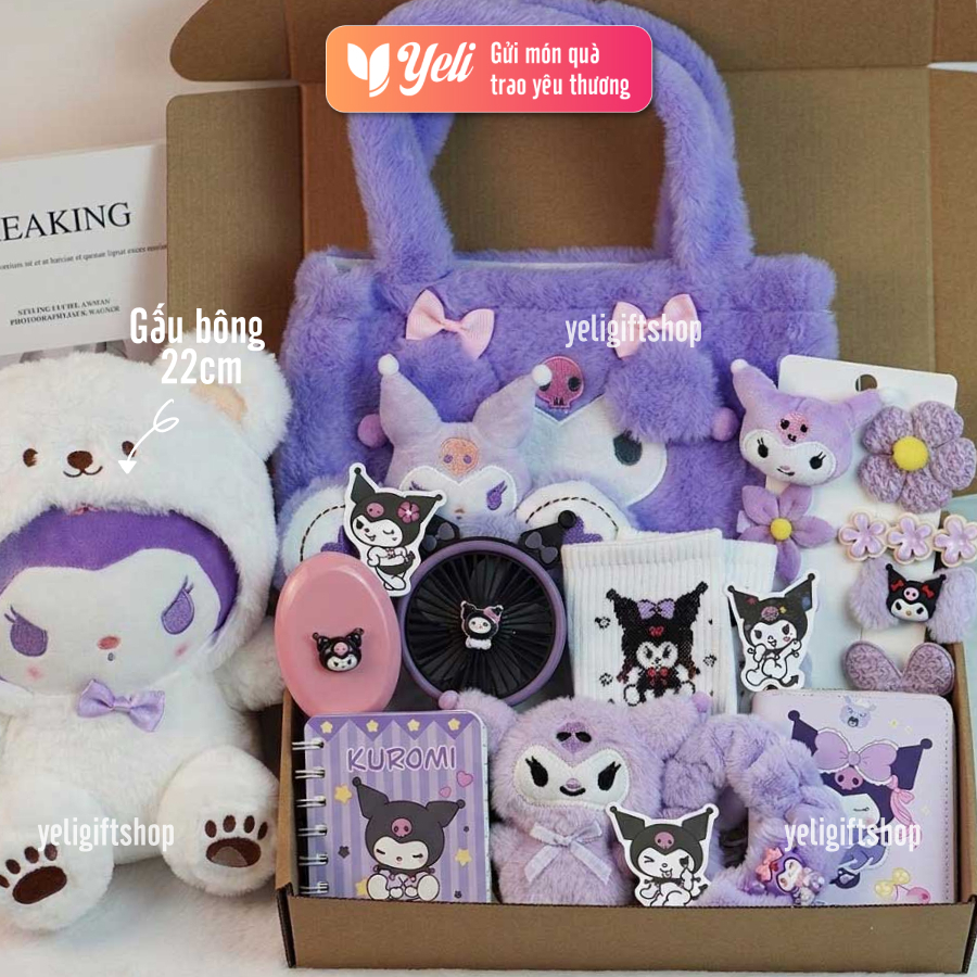 Set quà Kuromi nhiều phụ kiện, Set quà Gấu Kuromi to, Hộp quà Kuromi tặng bé gái, bạn gái, người yêu
