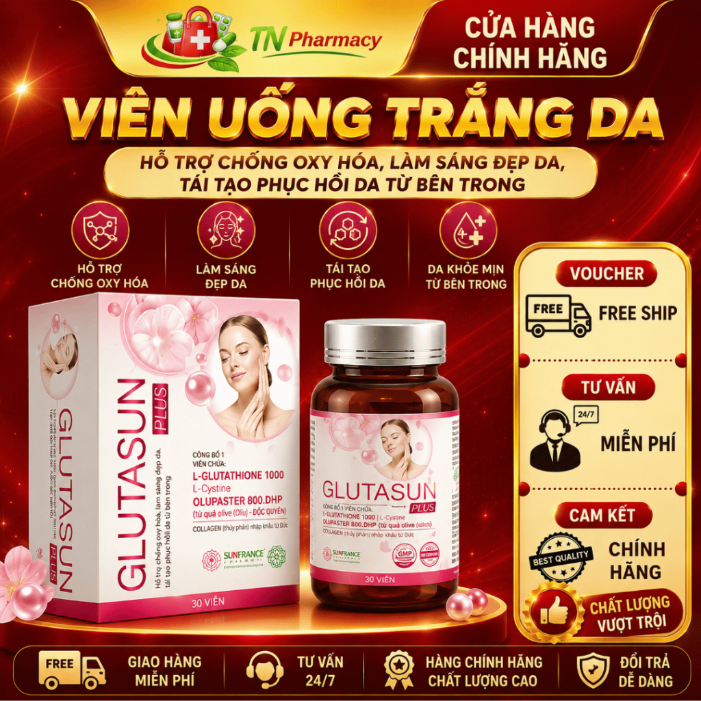 Glutasun Plus L-Glutathione 1000mg L-Cystine 500mg Collagen Peptide Hỗ Trợ Chống Oxy Hóa, Chăm Sóc D