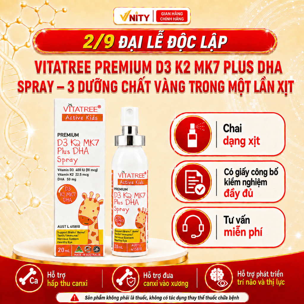 Thực phẩm hỗ trợ bảo vệ sức khỏe Vitatree - Premium D3 K2 MK7 Plus DHA Spray - Bổ sung D3, K2 MK7 và