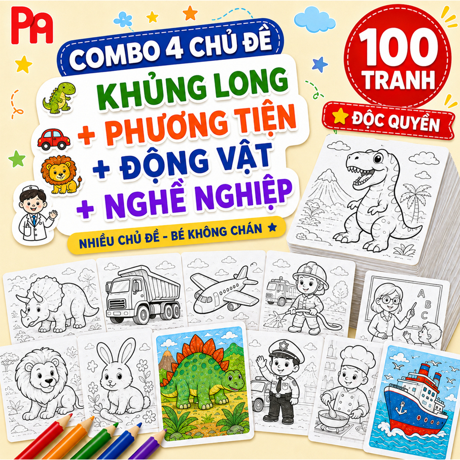 POMI - 100 Tranh Tô Màu Cho Bé Trai Mầm Non Tiểu Học Chủ Đề Khủng Long Phương Tiện Động Vật Nghề Nghiệp giấy A4 A5