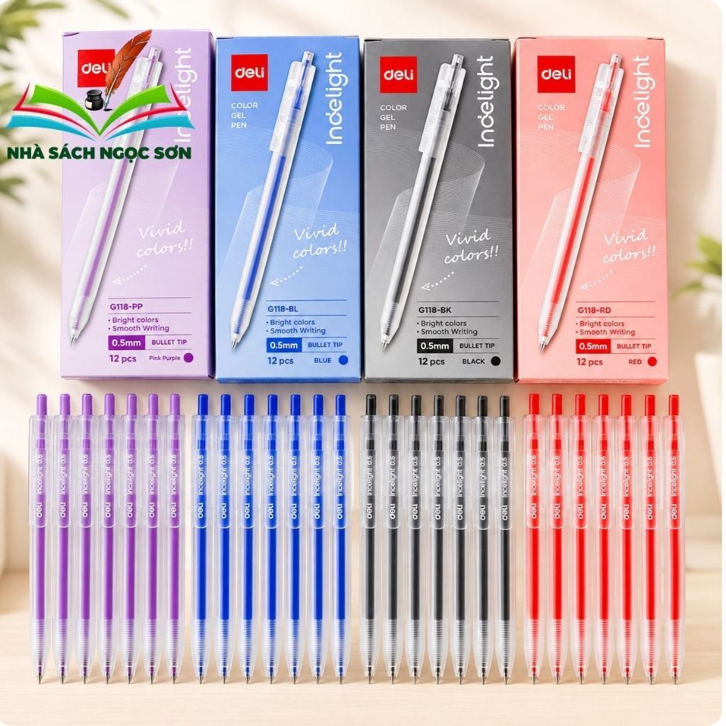Hộp 12 Bút Gel Bấm Deli G118 Ngòi 0.5mm - Nét Viết Êm Trơn,Nhanh Khô - Xanh, Đen, Tím, đỏ