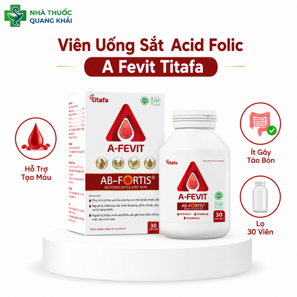 Viên Uống Sắt A Fevit Titafa – Bổ Sung Sắt, Acid Folic, Hỗ Trợ Tạo Máu, Ít Gây Táo Bón, Lọ 30 Viên