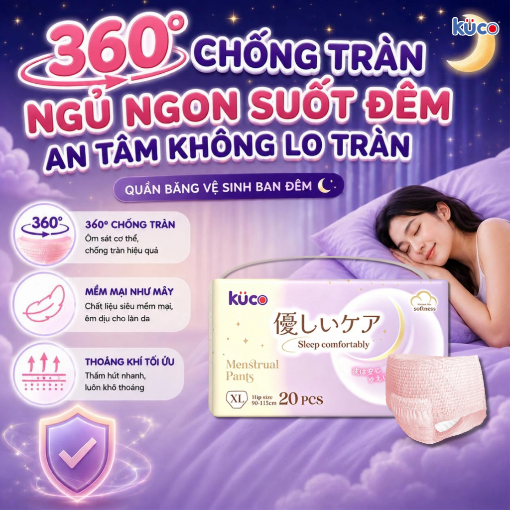 Quần vệ sinh nữ KUCO – Chống rò rỉ 360°, thoải mái và thấm hút cao, 20 miếng/gói.
