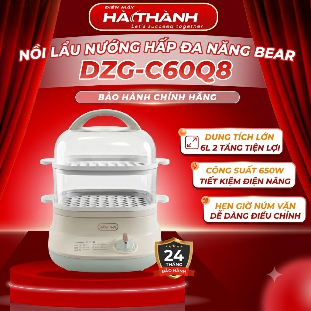 Nồi Hấp Đa Năng Bear DZG-C60Q8 6L 650W 2 Tầng, Hẹn Giờ, Tự Ngắt An Toàn