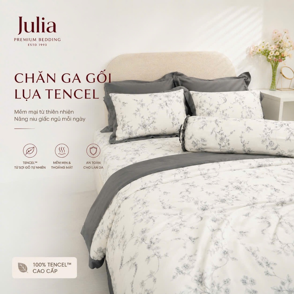 Bộ Chăn Ga Gối Lụa Tencel 100% Gỗ Sồi Cao Cấp 100s Julia - Mềm Mịn, Mát Lạnh Màu Hoa Xám 903