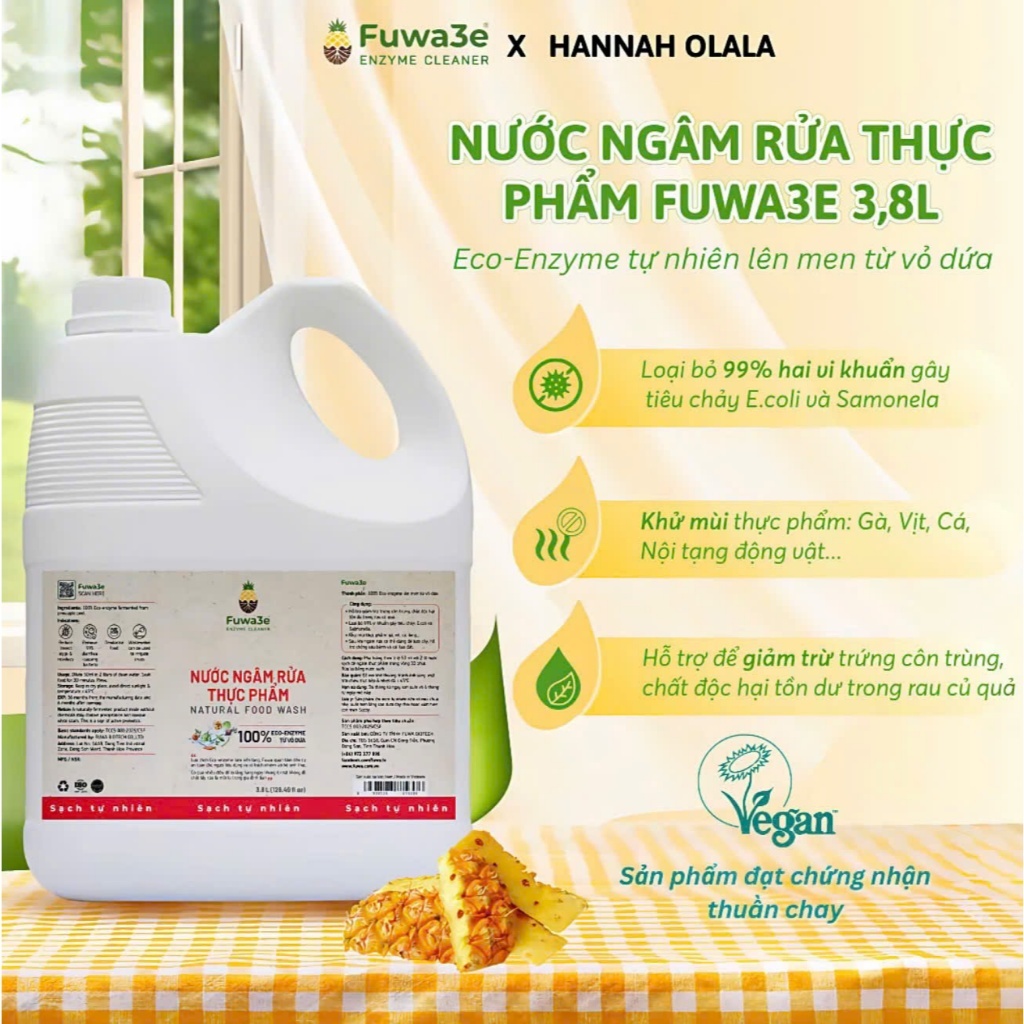 Fuwa3e - Nước ngâm rửa thực phẩm  Fuwa3e chai 3,8 Lít - Enzyme dứa nguyên chất