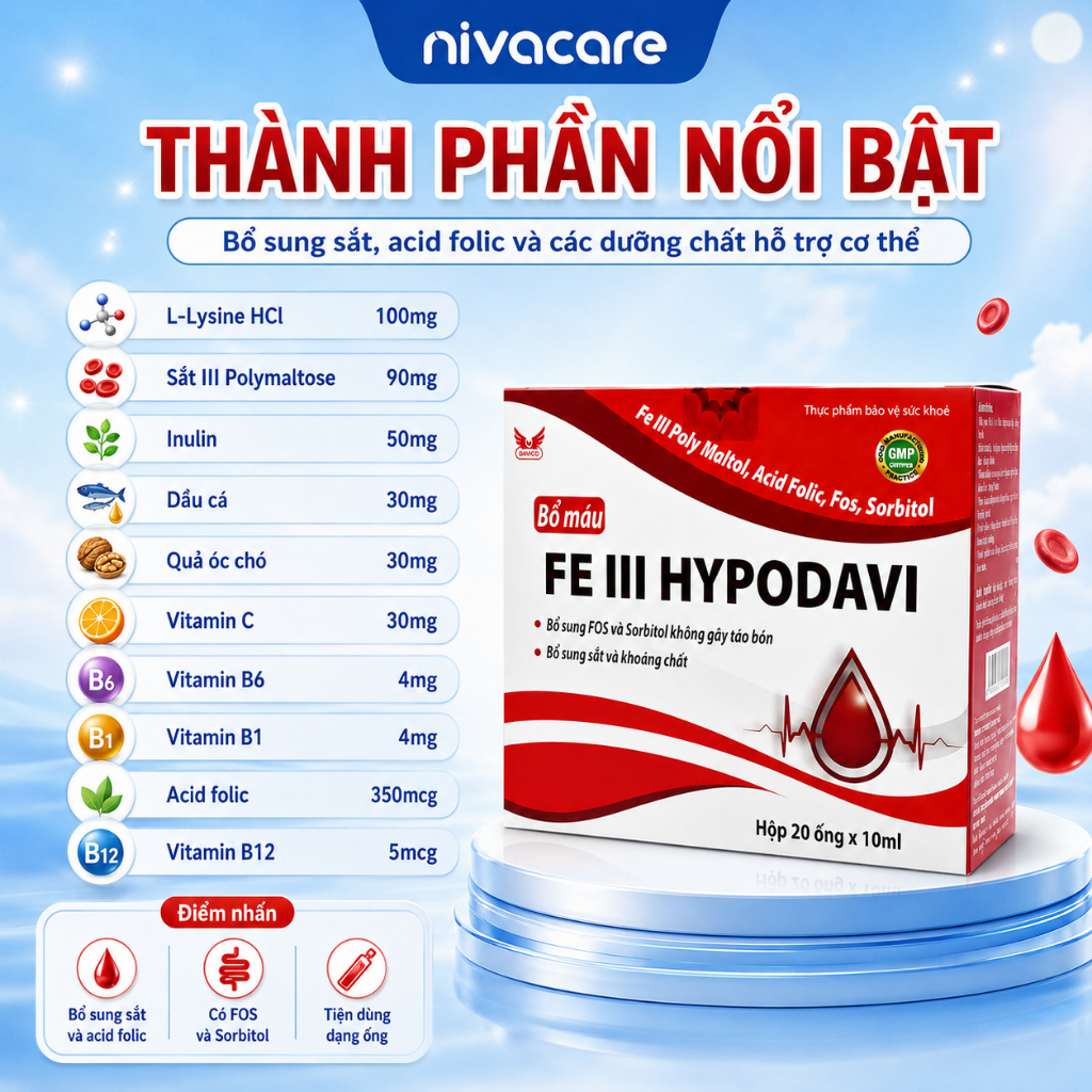 Bổ máu Acid Folic FE III HYPODAVI Giúp bổ sung sắt, Vitamin B12 Hộp 20 ống - Niva Care