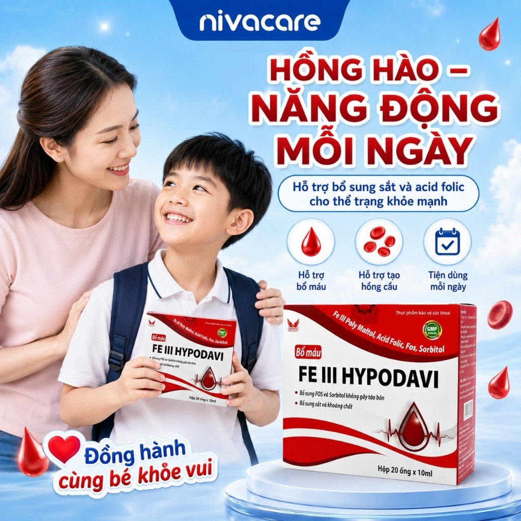 [HÀNG CHUẨN] FE III HYPODAVI Giúp Bổ máu, Bổ sung sắt, Acid Folic, Vitamin B12 Hộp 20 ống - Niva Car