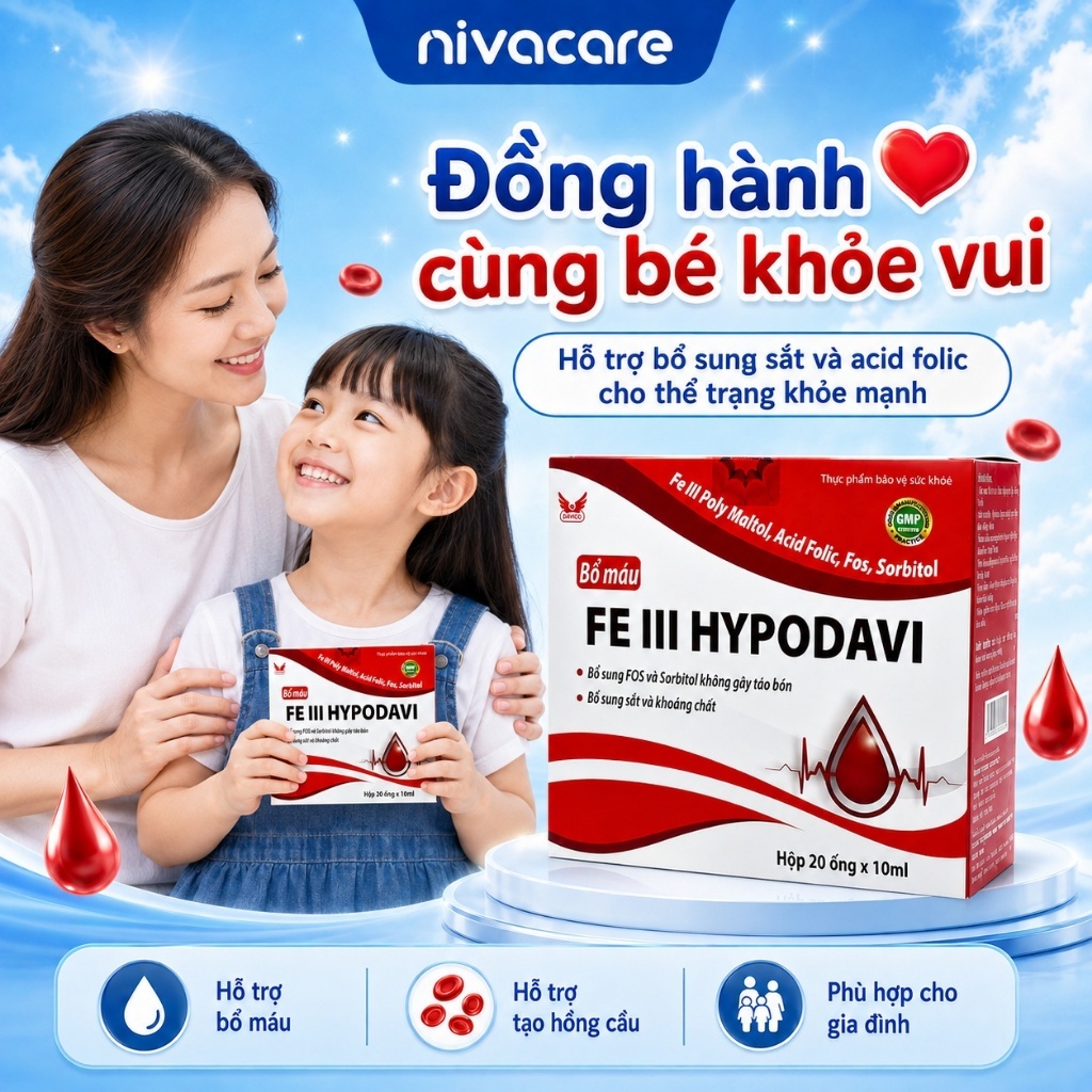 [HÀNG CHUẨN] Bổ máu FE III HYPODAVI Giúp bổ sung sắt, Acid Folic, Vitamin B12 Hộp 20 ống - Niva Care