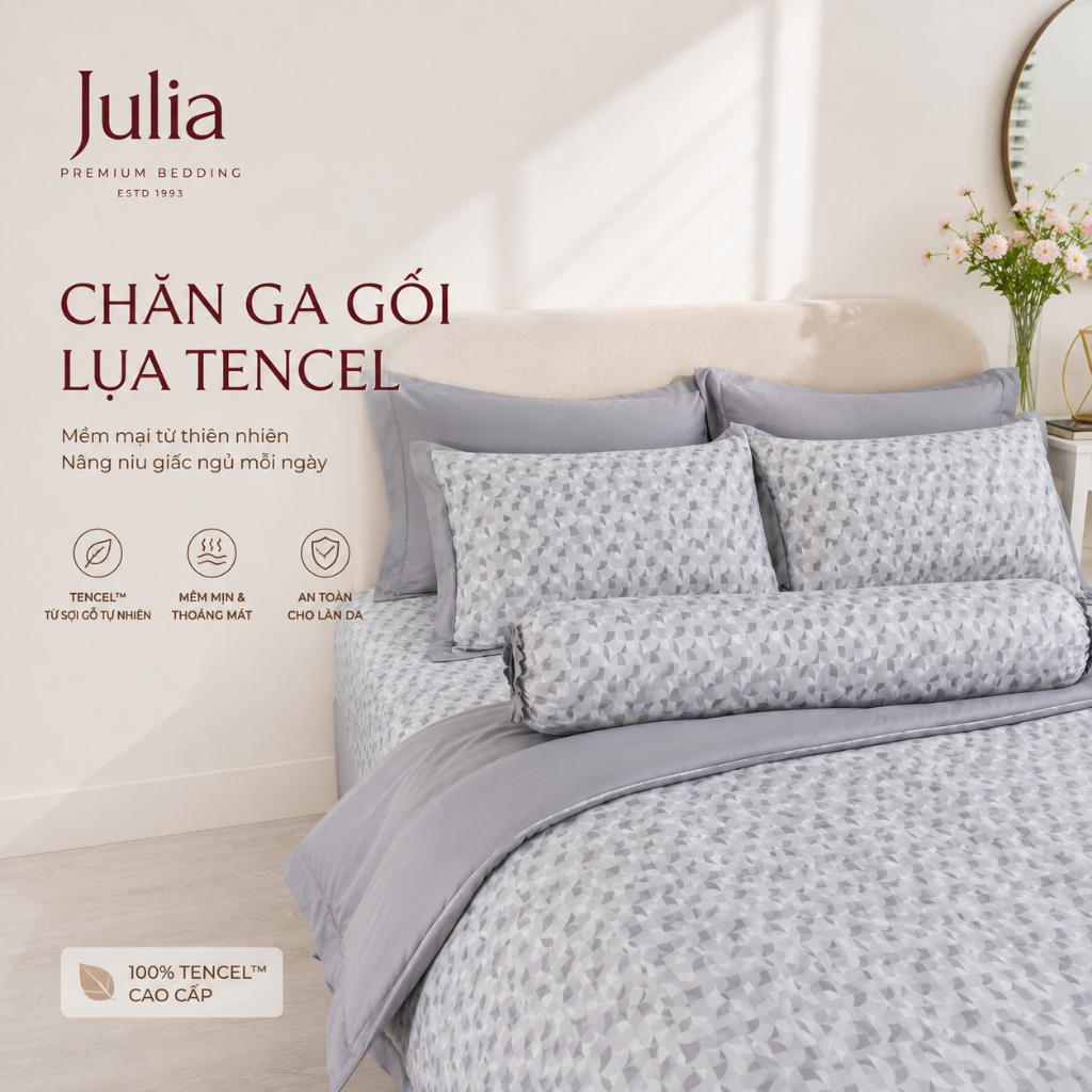 Bộ Chăn Ga Gối Lụa Tencel 100% Gỗ Sồi Cao Cấp 100s Julia - Mềm Mịn, Mát Lạnh Màu Họa Tiết Xám 927