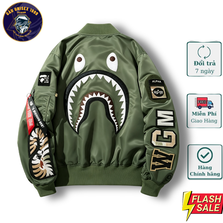 Áo Bomber Cá Mập Bape Xanh Rêu Chống Gió, Chất kaki Khoá zip