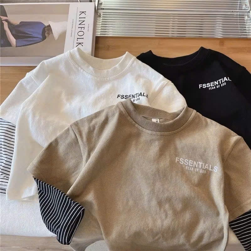 Áo Thun Dài Tay Bé Trai Bé Gái Essentials Fear Of God Phối Tay Sọc Form Rộng Thu Đông Size :8-45kg