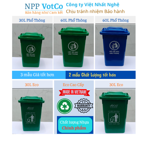 Thùng rác nhựa HDPE 30L, 60L màu Lá & Dương, Giá rẻ phổ thông & Chất lượng cao Nguyên sinh