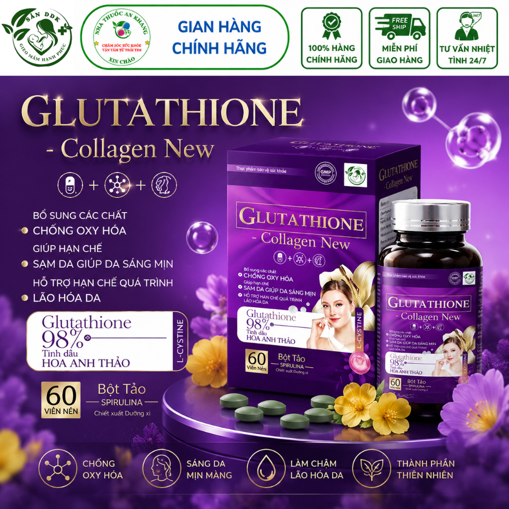Glutathione Collagen New 60 Viên – Bổ Sung Glutathione 98%, Collagen Peptide, L-Cystine – Hỗ Trợ Chố