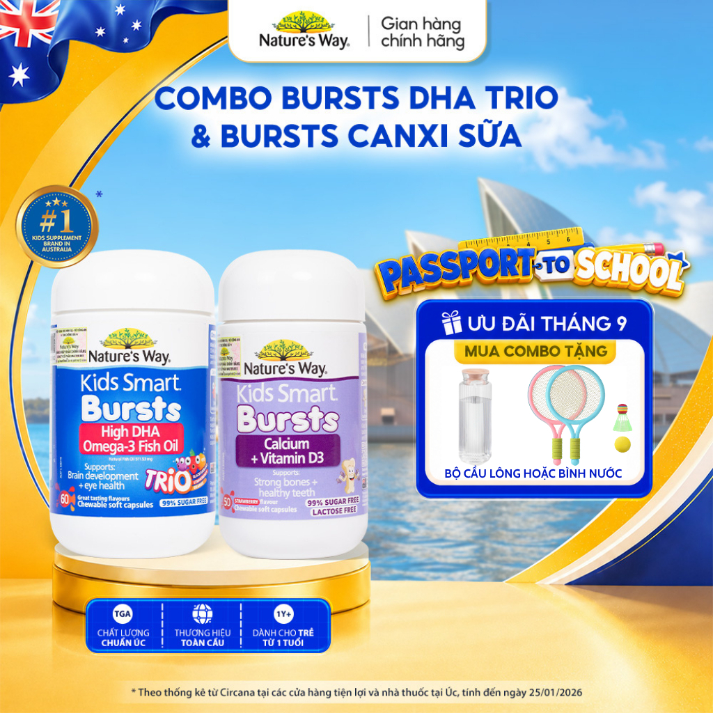 Combo Viên Nhai Nature's Way Kids Smart Calcium + Vitamin D3 Burstlets và Viên Dầu Cá Nature's Way O