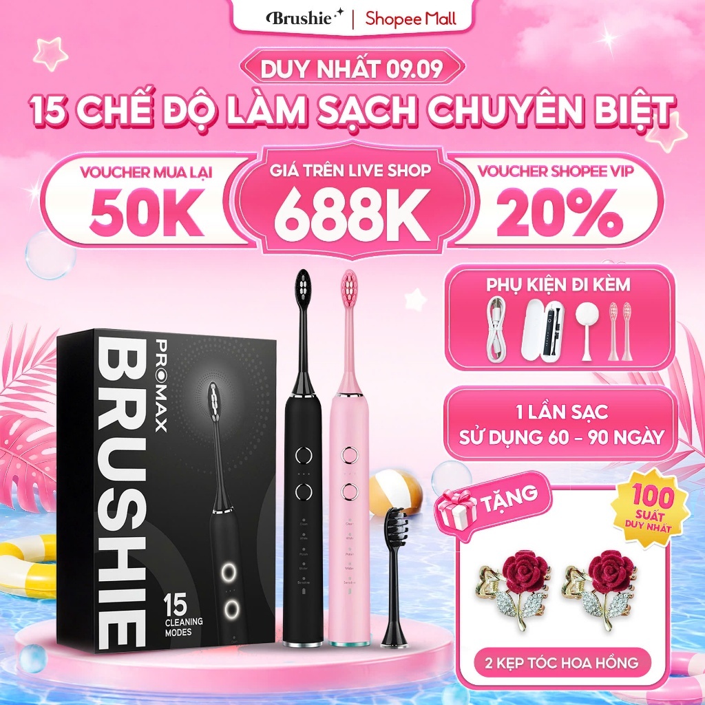 [GIÁ 688K LIVE SHOP] Bàn Chải Điện Brushie Promax 15 Chế Độ Làm Sạch Chuyên Biệt phù hợp mọi tình tr