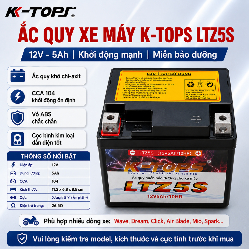 K-TOPS Bình Ắc Quy Xe Máy LTZ3.5S LTZ5S 12V 3.5Ah 5Ah Ắc Quy Khô Chì Axit CCA 104 Cho Honda Yamaha S