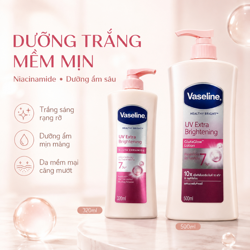 Vaseline sữa dưỡng thể Thái Lan chính hãng, 320ml & 500ml, Niacinamide, dưỡng trắng sáng mịn, nắp bơm dễ sử dụng.