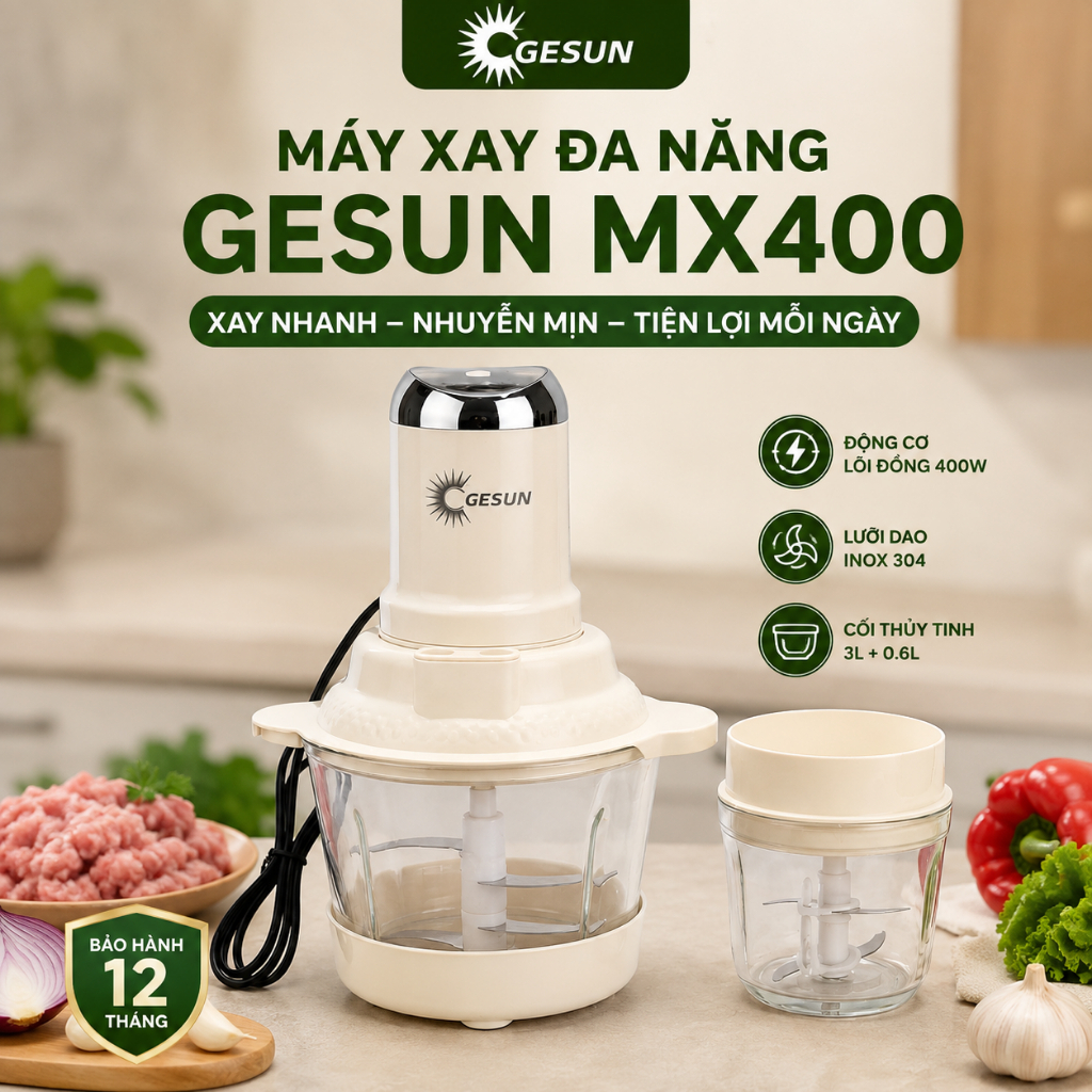 Máy Xay Thịt GESUN MX400 400W 2 Cối Thủy Tinh 3L + 0.6L, Máy Xay Đa Năng Xay Thịt Tỏi Ớt, 1 Chạm