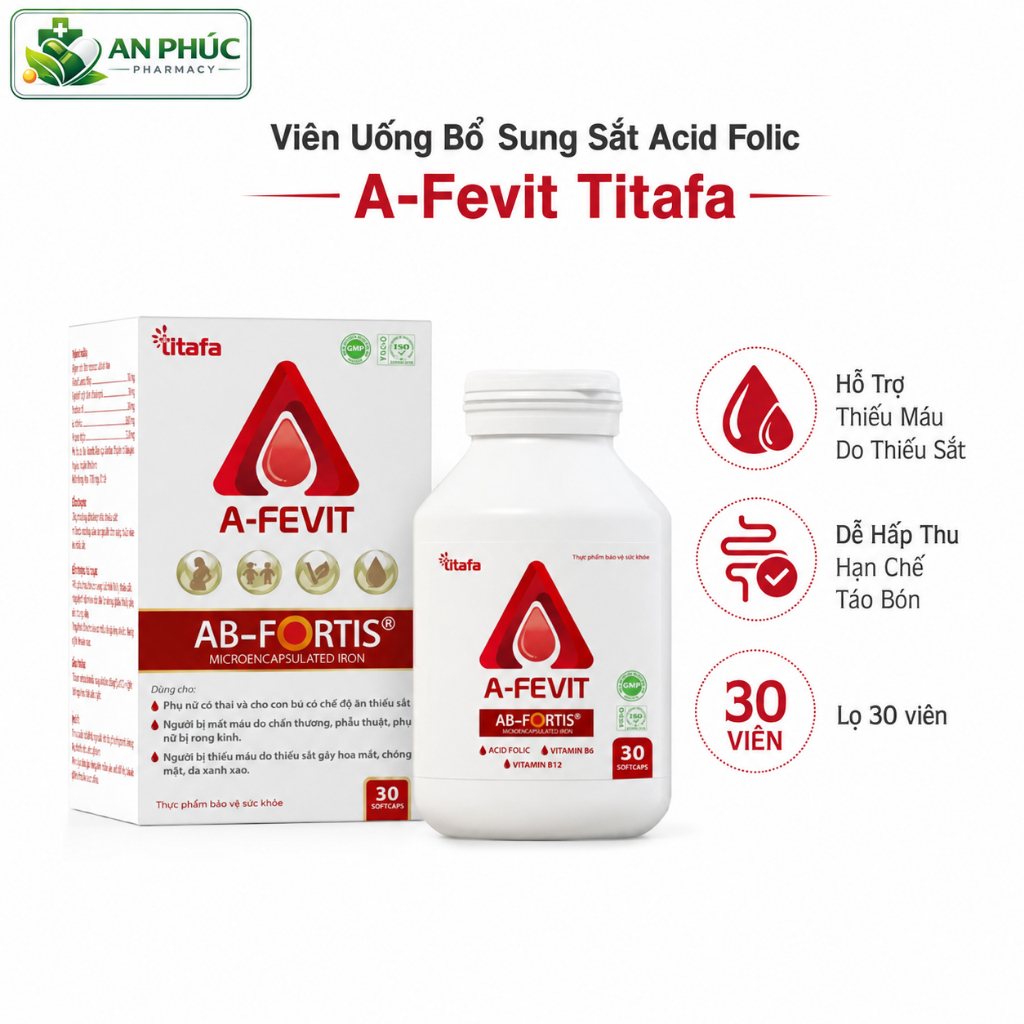 Viên Uống Bổ Máu A-Fevit Titafa – Bổ Sung Sắt, Acid Folic, Hỗ Trợ Thiếu Máu Do Thiếu Sắt, Lọ 30 Viên