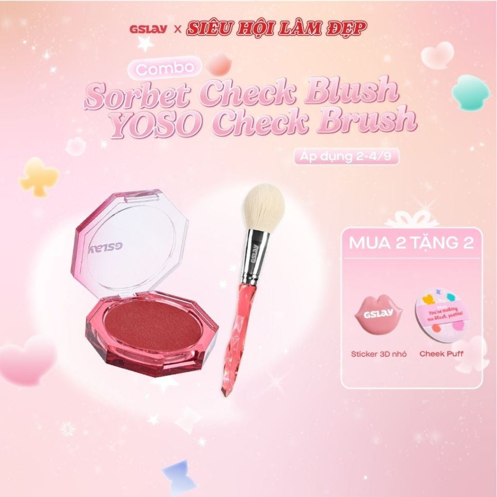 Combo Má Hồng Kem GSLAY Sorbet Cheek Blush mịn lì, dễ tán bền màu (5g) và Cọ Má Hồng lông cọ mềm mượ