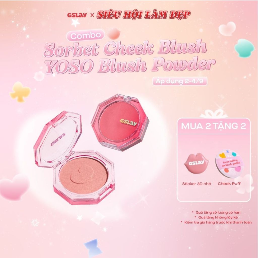 Combo GSLAY SORBET Má hồng kem hoá phấn thuần chay mịn lì (5g) & GSLAY YOSO Phấn má hồng mịn lì lên 