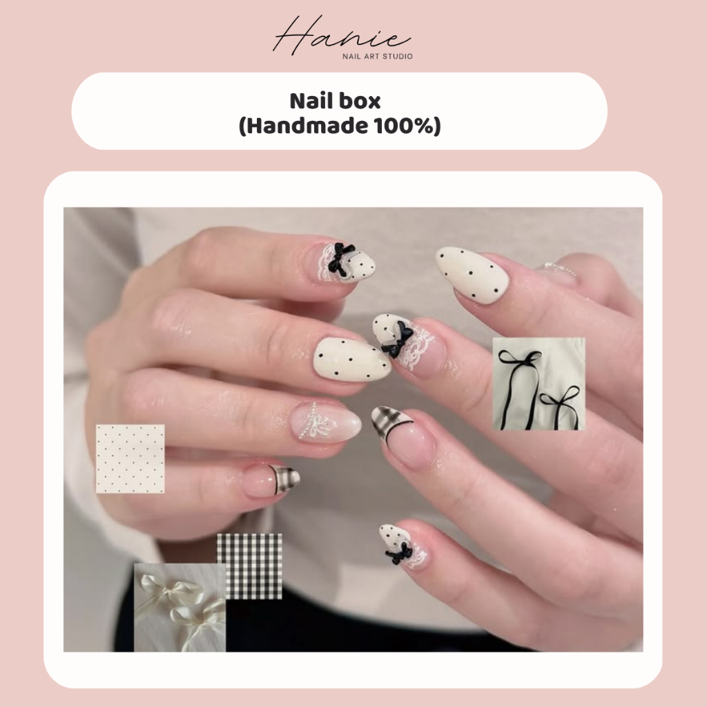 Nail box Thạch & Gel Trắng Design Tone Đen - Nailbox thiết kế tay & chân Handmade Hanie - TẶNG KÈM Q