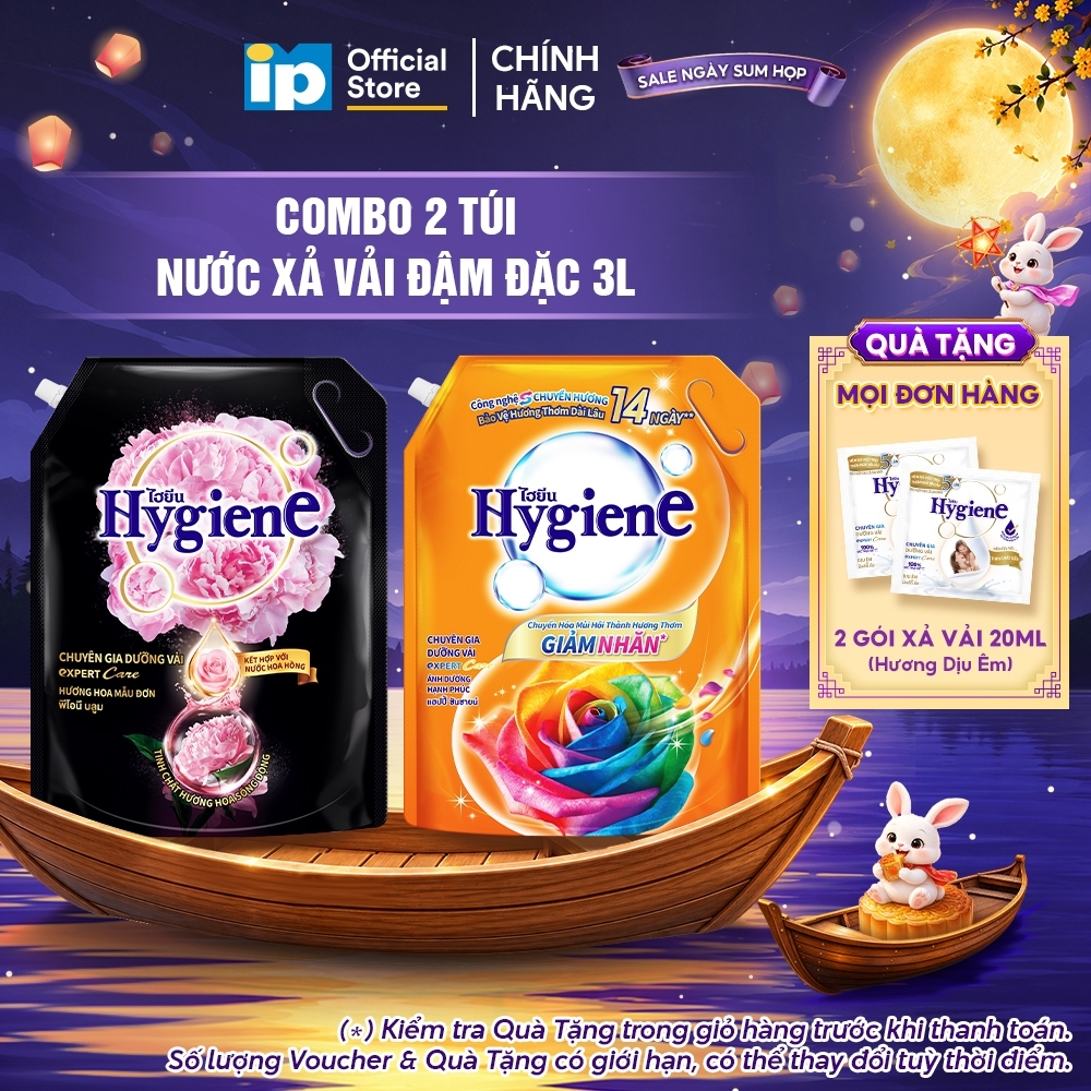 Nước Xả Vải Đậm Đặc Hygiene 3L (Hoa Mẫu Đơn/ Ánh Dương Hạnh Phúc) x 2 Túi