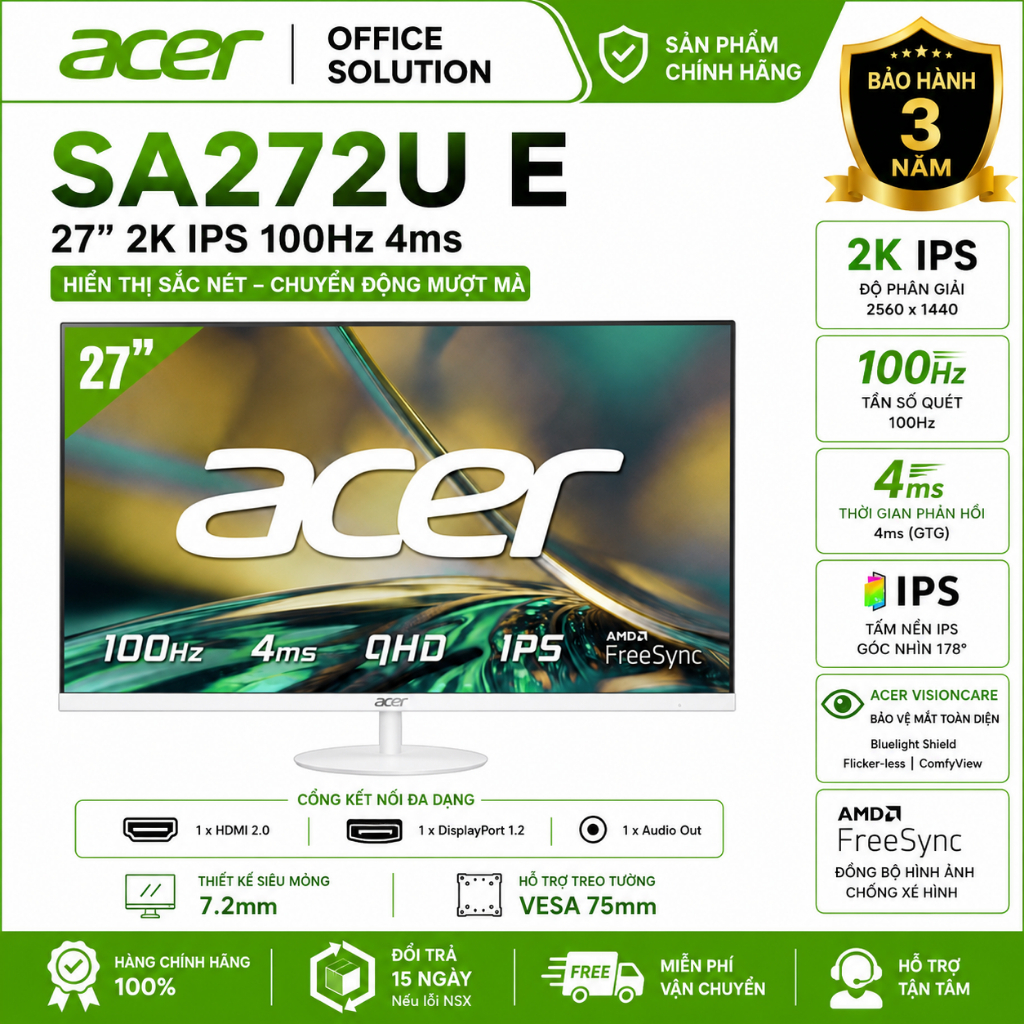 Màn Hình Acer SA272U E 27 Inch 2K IPS 100Hz 4ms – Viền Mỏng, Hỗ Trợ FreeSync, Màu Trắng - Bảo Hành C